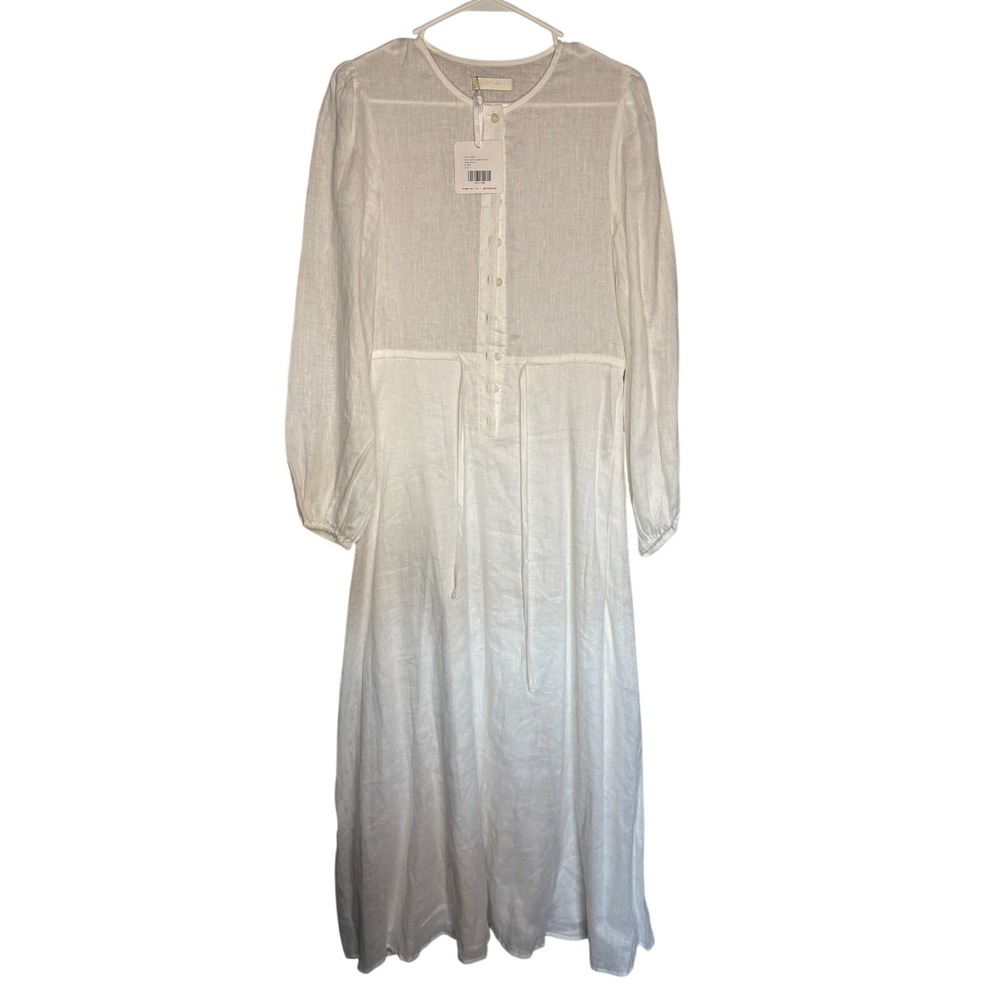 Vita Grace White Linen Long Sleeve Maxi Dress SMALL Drawstring Waist Beach Boho